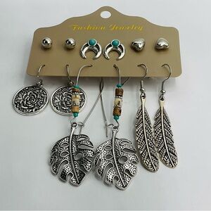 Earrings 6 Pairs Gift Boho Stud Leaf Flower Dangle Jewelry Silver Tone Patina